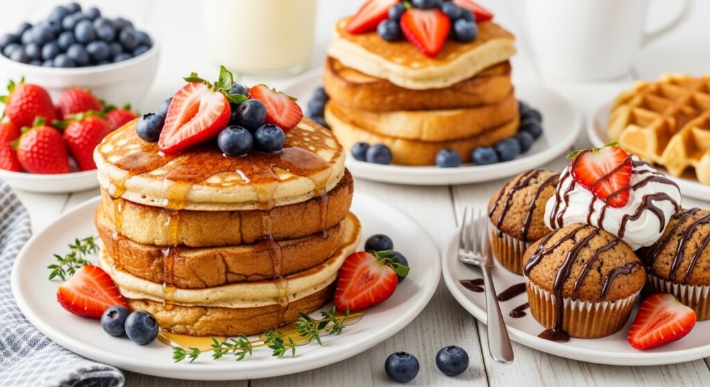 Stack of fluffy buttermilk pancakes topped with fresh strawberries, blueberries, maple syrup, and a dusting of icing sugar on a white plate