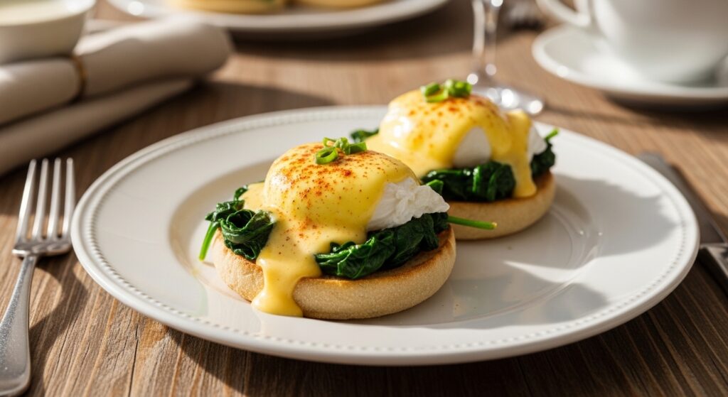 Eggs Benedict on a toasted English muffin with golden hollandaise sauce, wilted spinach, and a sprinkle of smoked paprika 