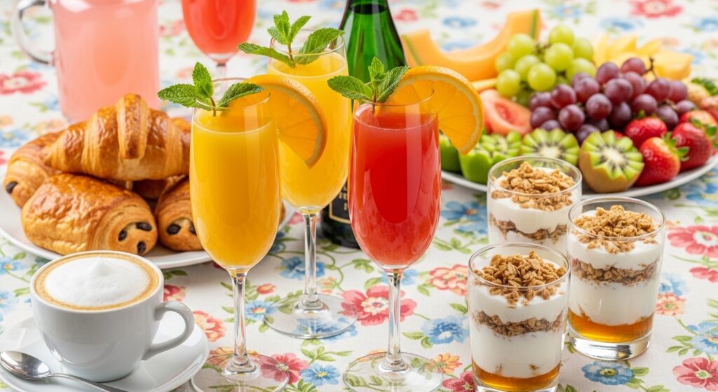 Mimosa glasses filled with orange juice and prosecco, garnished with a slice of orange and fresh mint, styled on a floral tablecloth