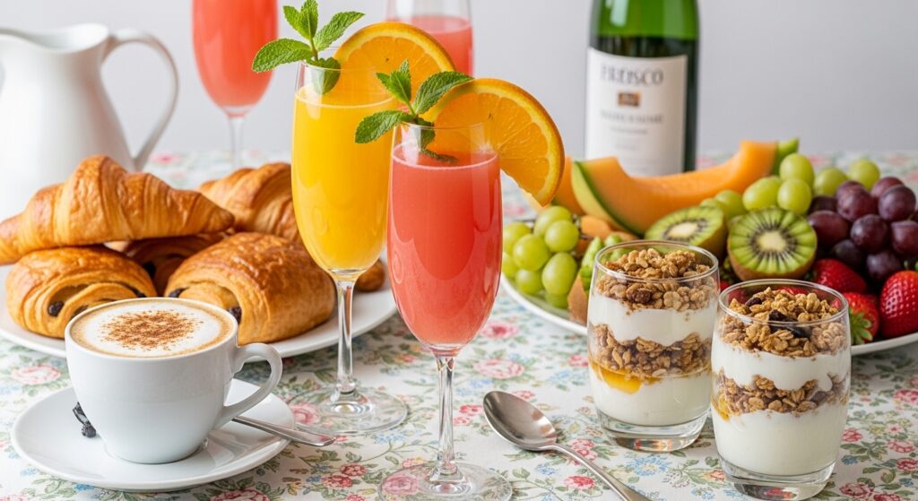 Mimosa glasses filled with orange juice and styled on a floral tablecloth