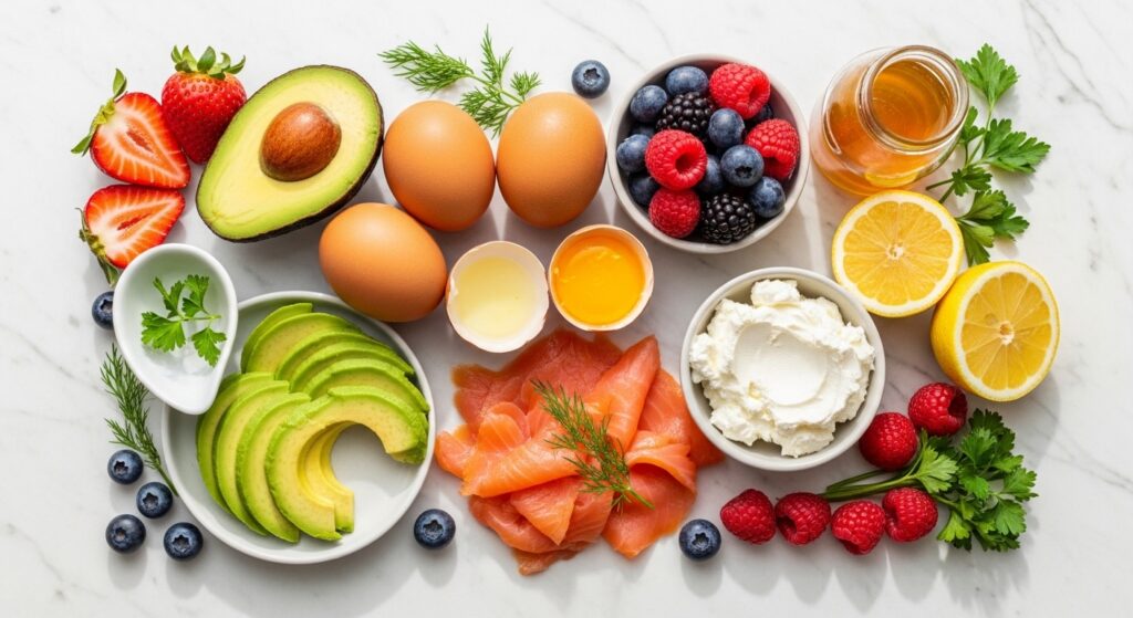 Flat lay of fresh brunch ingredients: eggs, avocado, berries, cream cheese, smoked salmon, herbs, honey, and a lemon on a white marble surface