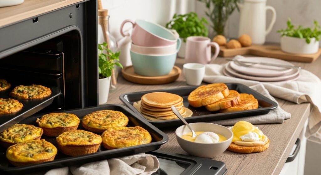 Stack of fluffy buttermilk pancakes topped with fresh strawberries, blueberries, maple syrup, and a dusting of icing sugar on a white plate, styled on a bright, elegant breakfast table.