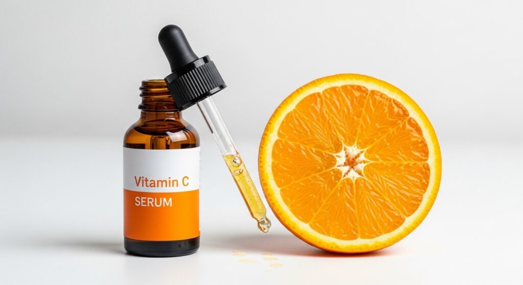  A dropper bottle of Vitamin C serum beside a bright orange slice on a white surface.