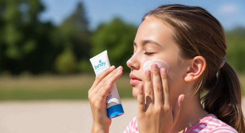A girl applying sunscreen on her face outdoors on a sunny day.