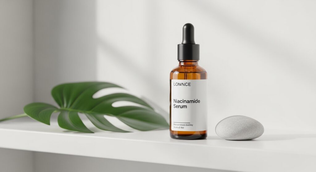 A sleek bottle of niacinamide serum on a clean skincare shelf with a soft background.