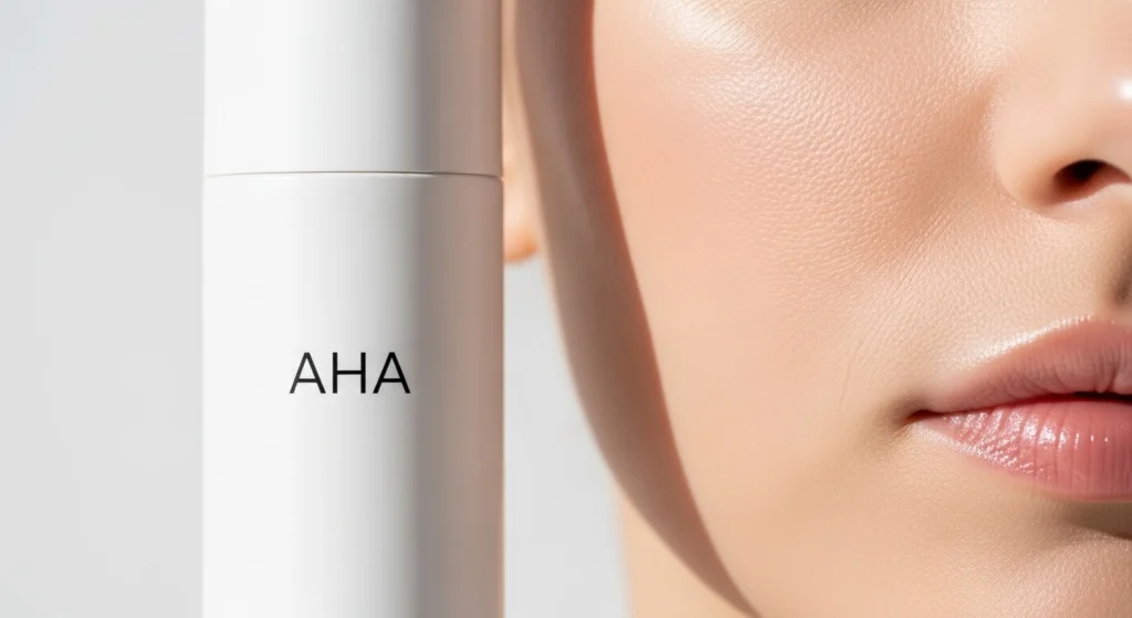 A skincare product with AHA written on the label beside a bright, even-toned skin close-up.