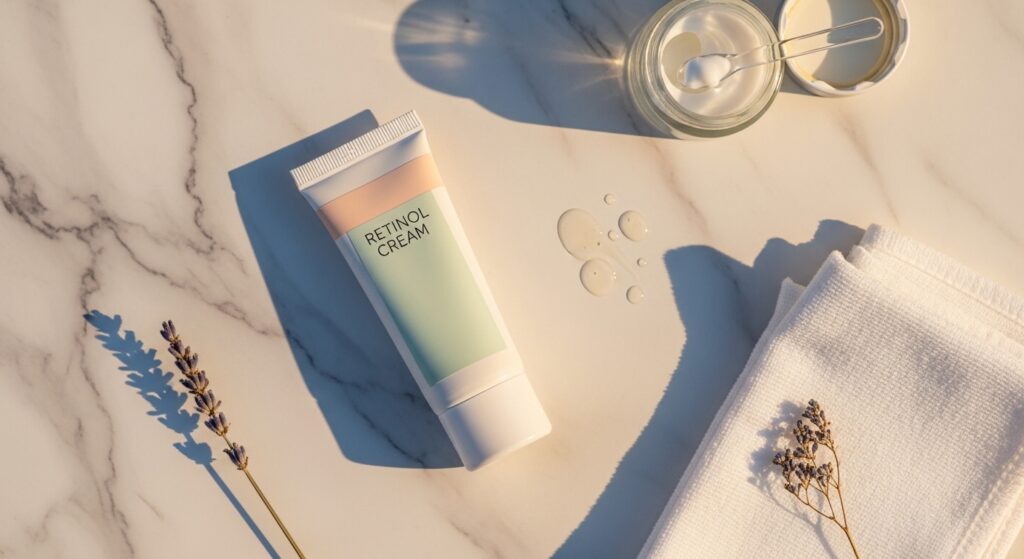 A small tube of retinol cream on a marble surface with a soft evening skincare flatlay.