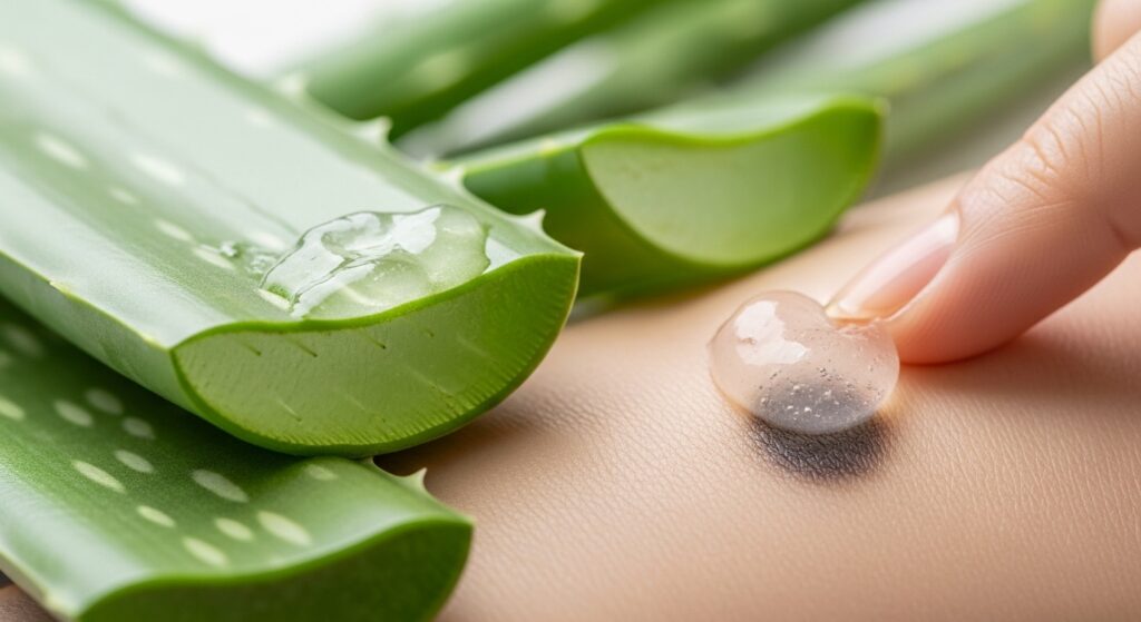 Fresh aloe vera leaves cut open with clear gel being applied to a dark spot on the skin.