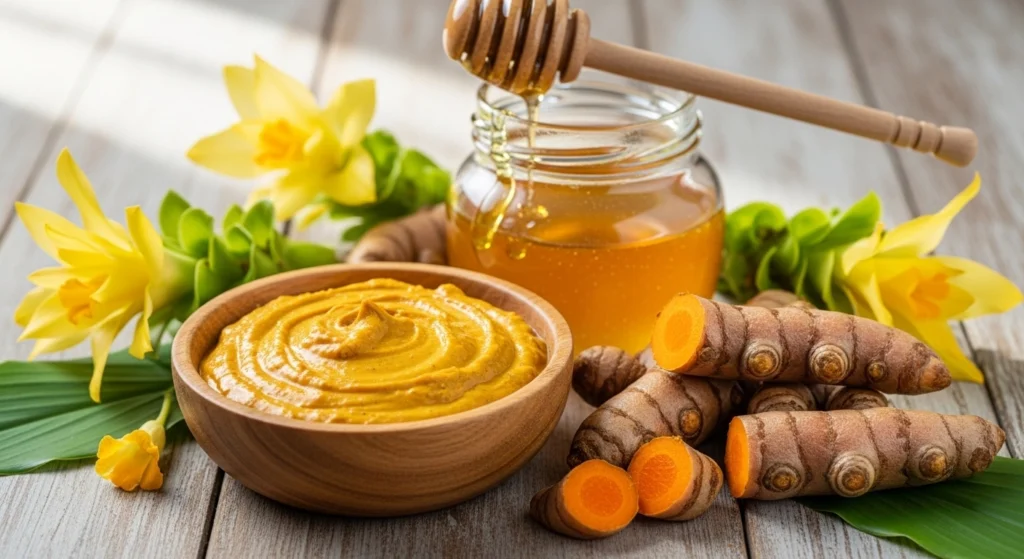  A small bowl of golden turmeric face mask paste beside fresh turmeric roots and honey.