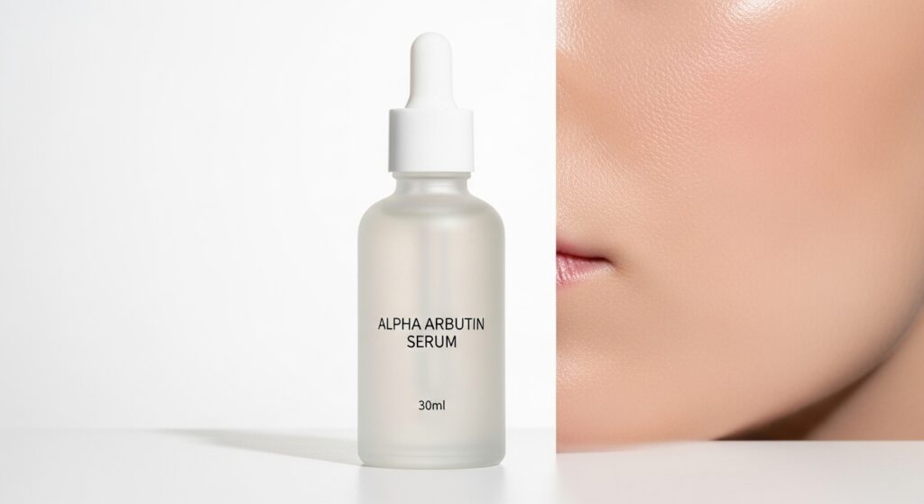  A minimalist bottle of alpha arbutin serum on a clean white background with even-toned skin visible beside it.