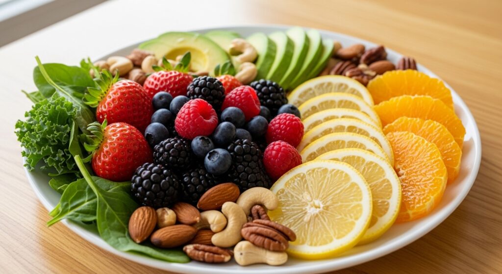 A colorful plate of skin-friendly foods including berries, citrus fruits, leafy greens, and nuts.