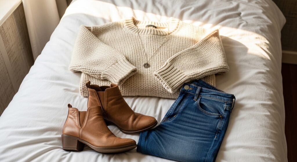 Picture of a casual sweater and jeans outfit laid out on a bed with soft lighting for a cozy, relaxed feel.