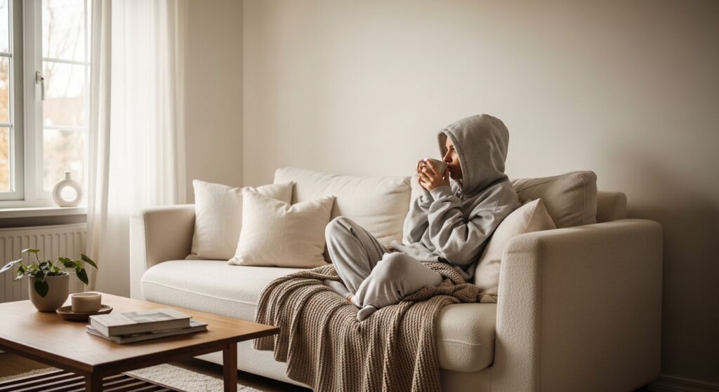Someone lounging in an oversized hoodie, sipping coffee in a cozy, neutral-toned living room.