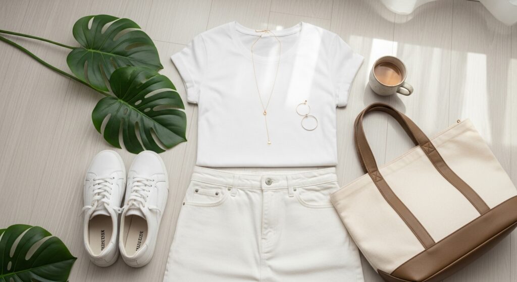 A flat lay of a white tee and skirt combo, styled with shoes, bag, and accessories, in a bright, airy setting.