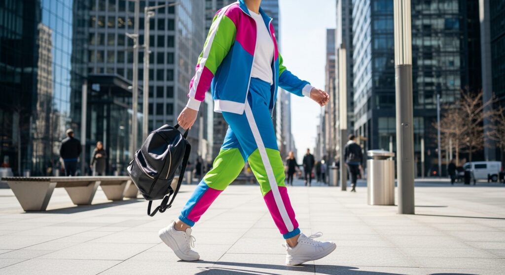 A person walking in a modern city wearing a colorful tracksuit and white sneakers.