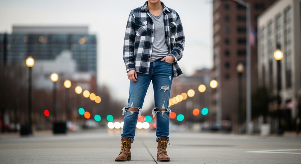 A photo of a relaxed flannel shirt and ripped jeans outfit with a pair of boots against an urban backdrop.