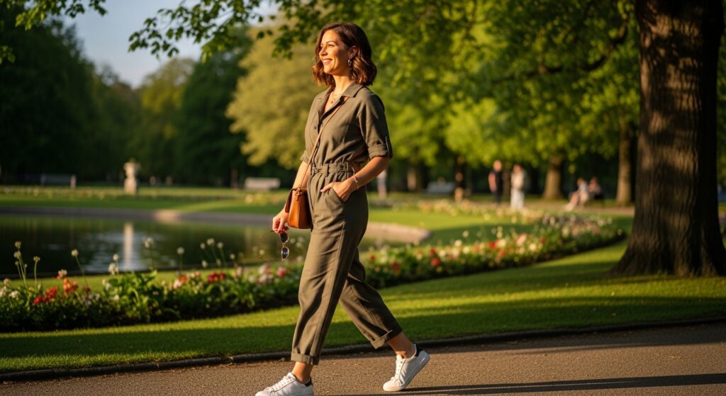 A woman walking through a park wearing a stylish jumpsuit and sneakers, exuding effortless chic.