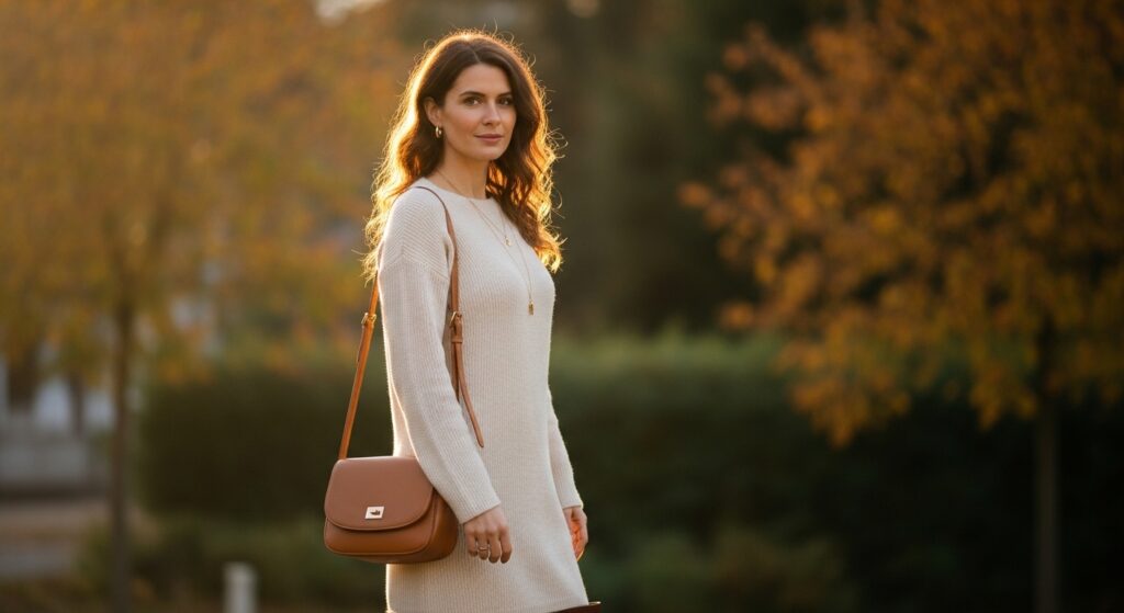 A woman standing outside in a knitted dress and knee-high boots, with soft, golden sunlight.