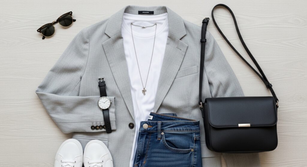 A flat lay of a casual blazer, t-shirt, and jeans outfit styled with minimalist accessories.