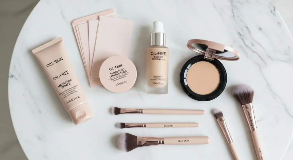 Woman applying mattifying primer to oily skin