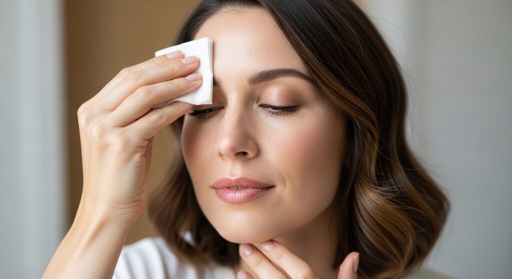Woman using blotting paper to remove excess oil