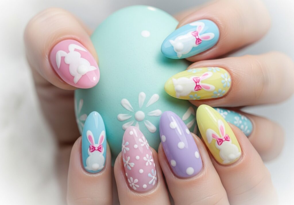  Pastel-colored Easter egg nails featuring bunny designs.