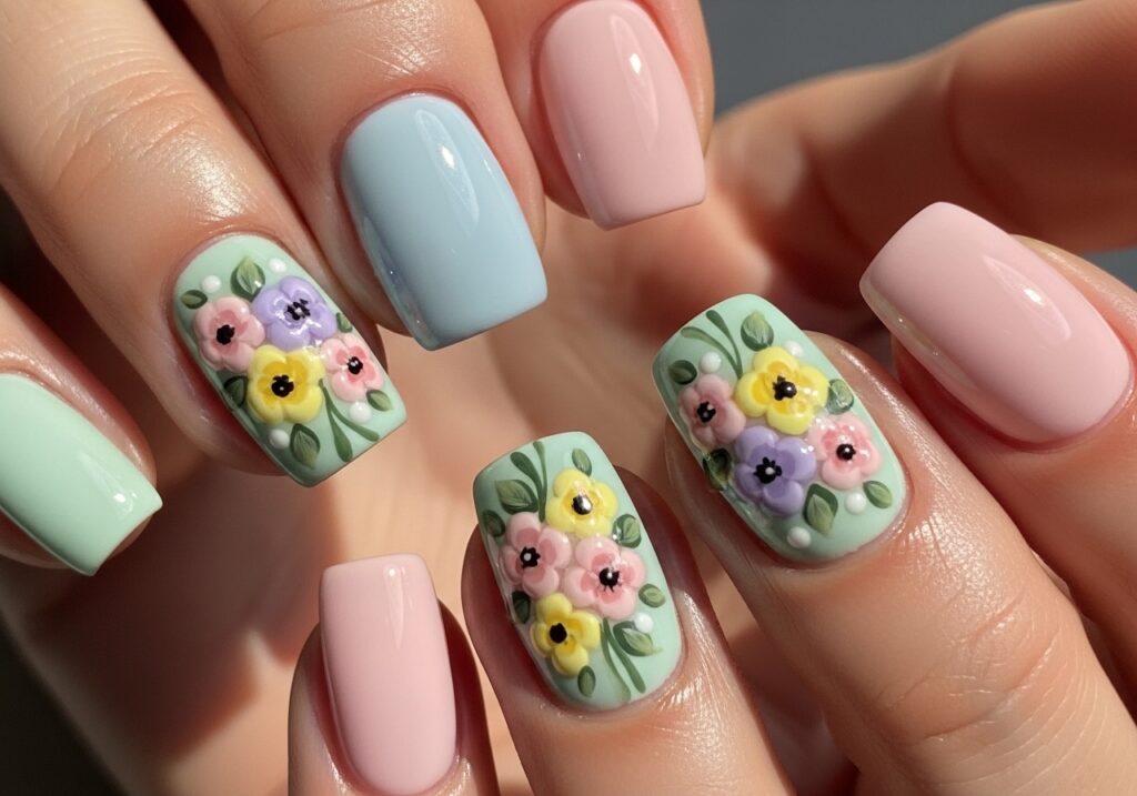 Floral accent nails in soft spring hues.