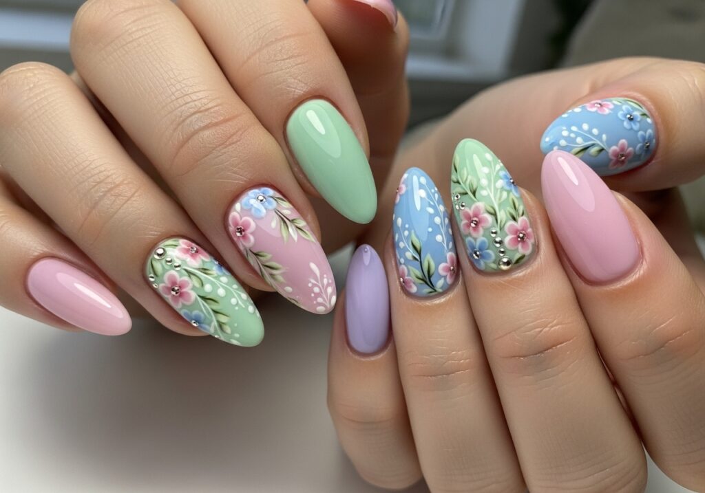 Floral patterns on a white base with pastel accents.