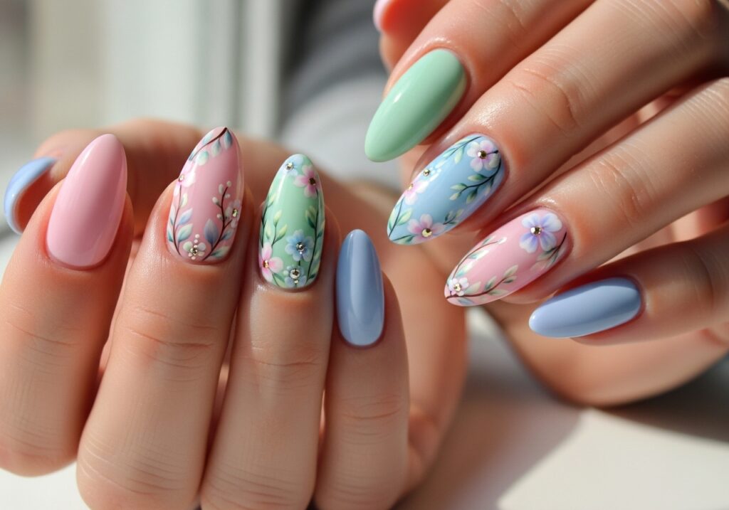 Soft pastel French tips with a gradient fade . pastel-colored tips on almond-shaped nails.