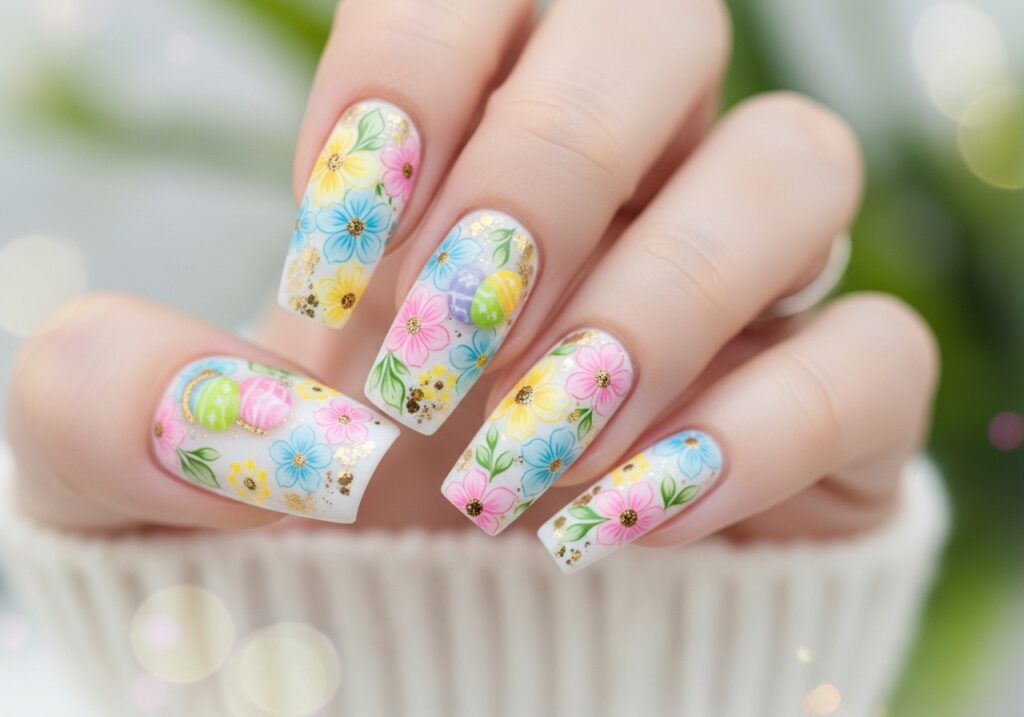 A beautiful close-up of floral accent nails.