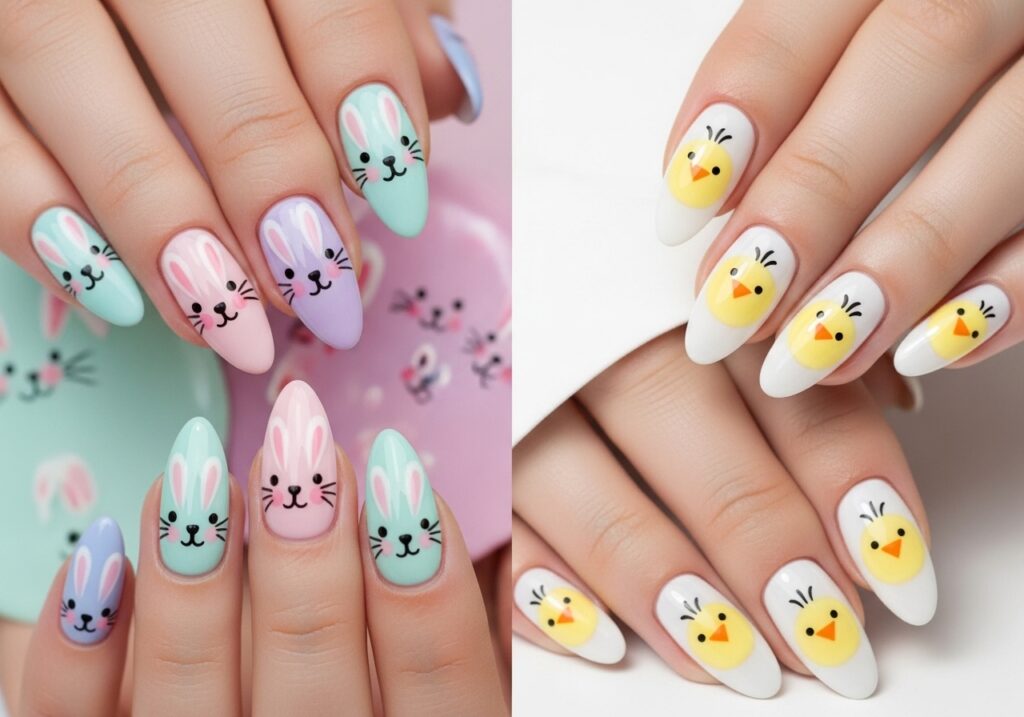 Cute bunny face designs with soft pastel backgrounds.
Chick nails with minimalistic, cartoon-style chicks.