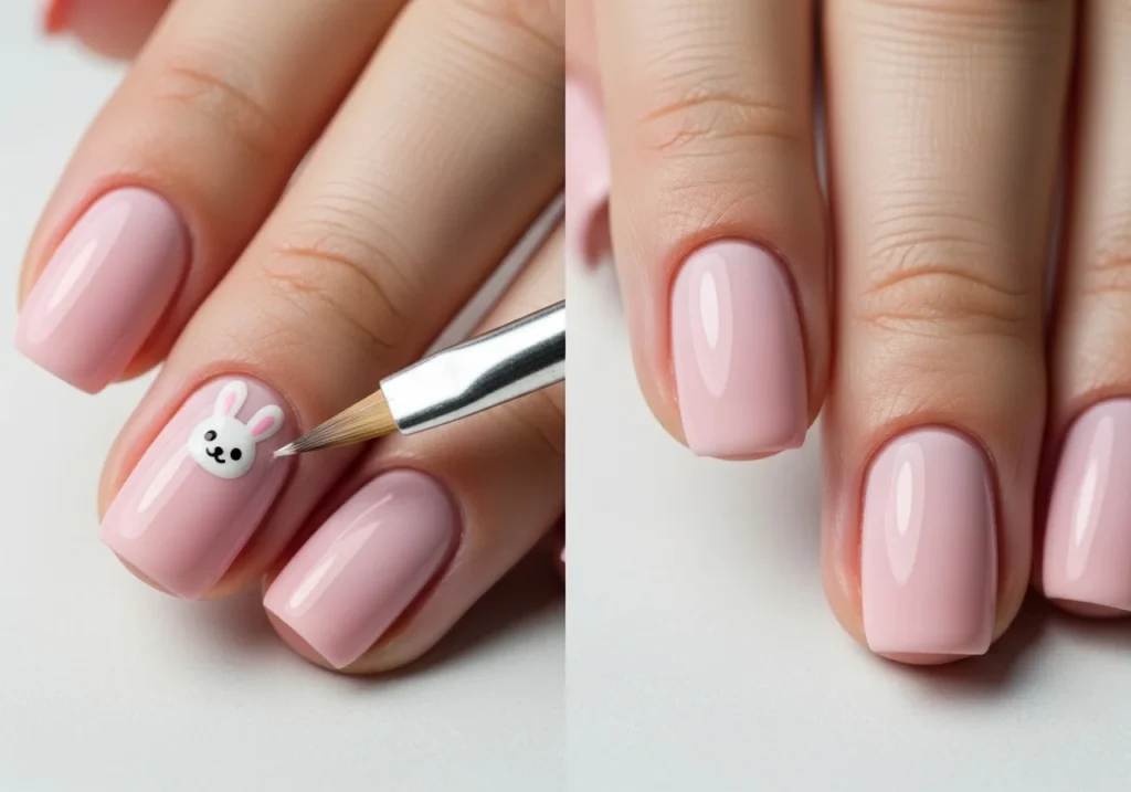 Cute bunny faces painted on nails with a pastel base.