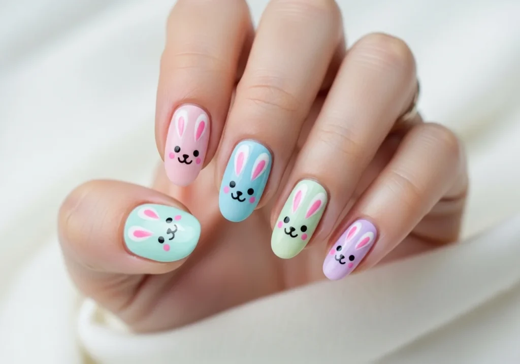 aster bunny nail art on rounded nails.