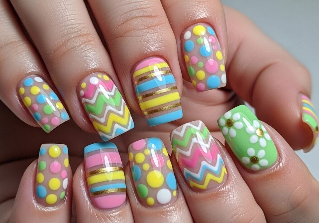Polka dot designs for square nails with Easter themes.