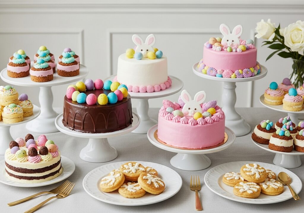 A festive Easter dessert table with various desserts like cakes, cookies, and cupcakes.