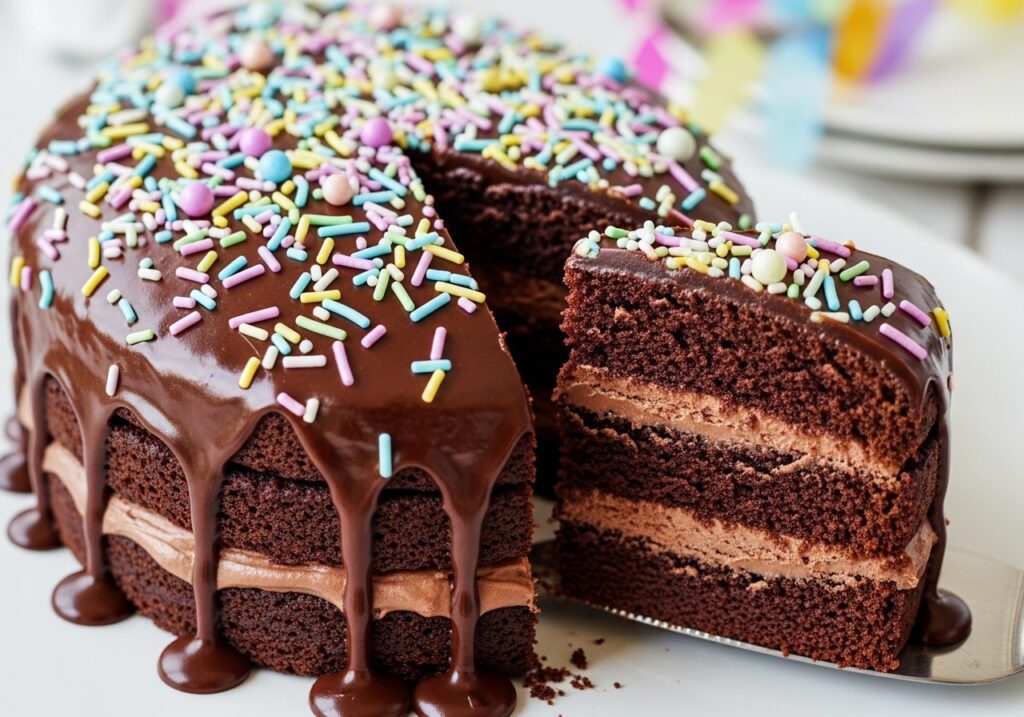 A chocolate Easter egg-shaped cake with pastel sprinkles and ganache.