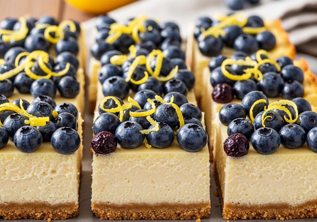 Lemon blueberry cheesecake bars with fresh berries and lemon zest.