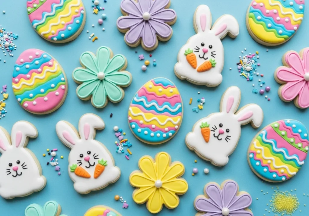 Easter-themed sugar cookies shaped like bunnies, eggs, and flowers with colorful icing.