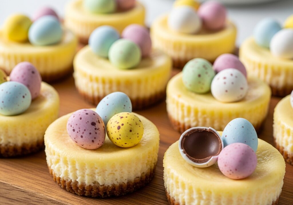 Mini cheesecakes topped with pastel-colored mini chocolate eggs.