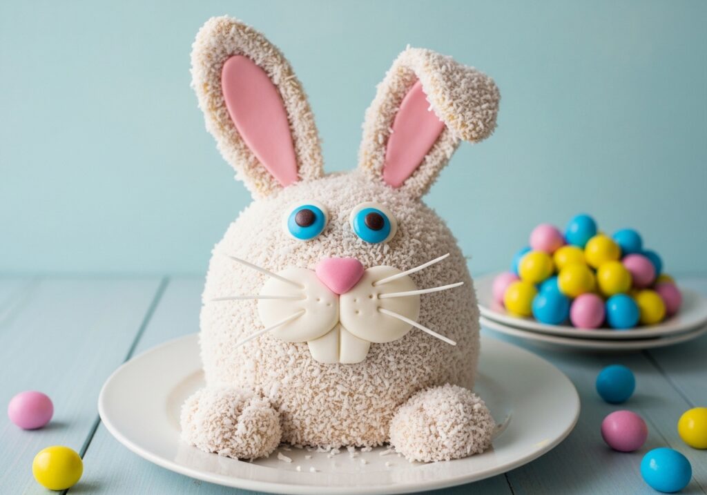 A bunny-shaped Easter cake decorated with coconut fur and candy features.
