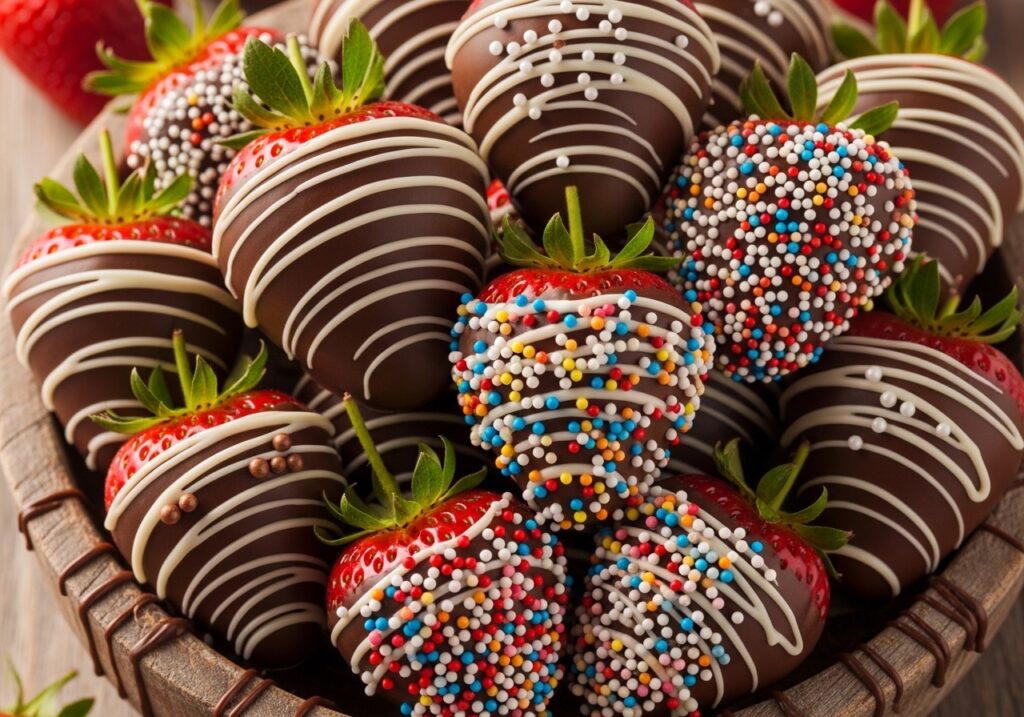 Chocolate-dipped strawberries with white chocolate drizzle and sprinkles.