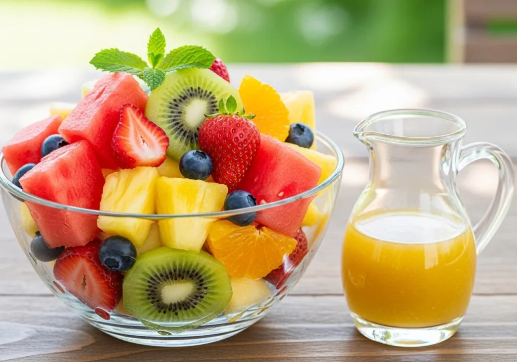 A colorful bowl of spring fruit salad with seasonal fruits like watermelon and pineapple.