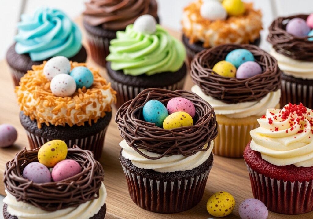 Cupcakes topped with chocolate nests and pastel candy eggs.
