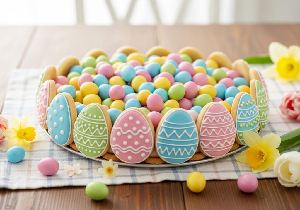 A raspberry almond tart with a golden crust and powdered sugar topping.
