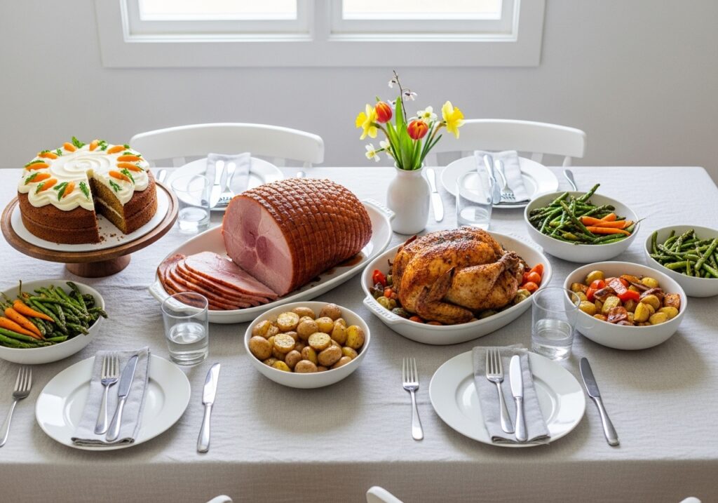 Easter dinner table with ham chicken and sides