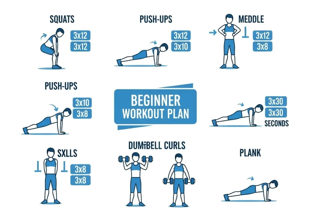 beginner workout plan for weight loss squats push ups plank strength training