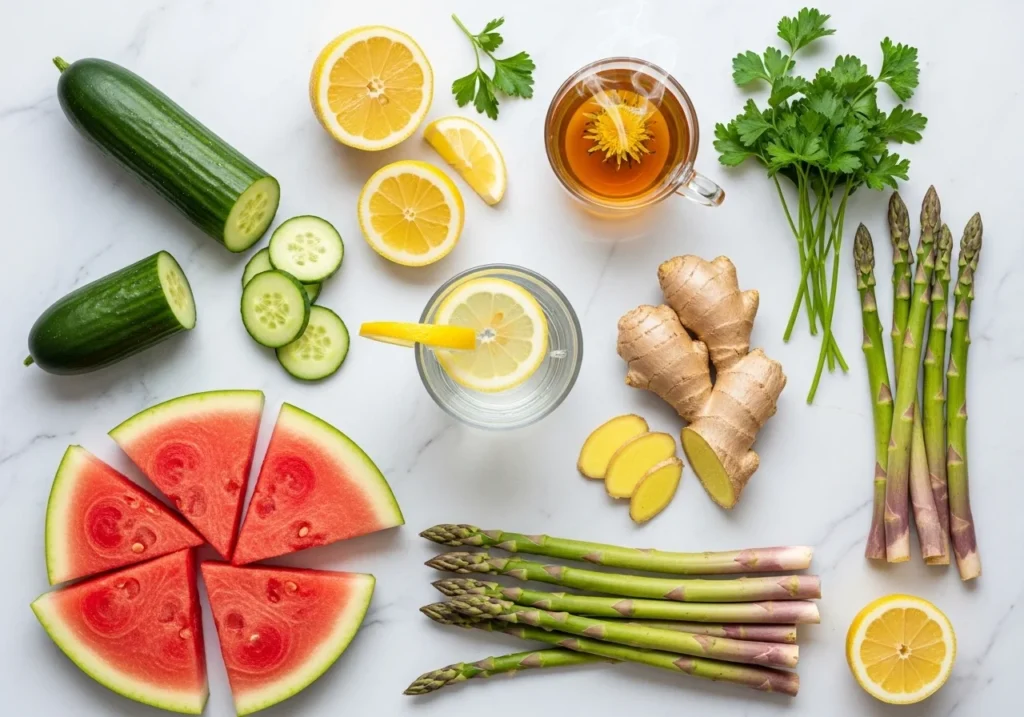 Flat lay of foods to reduce water weight, vibrant colours