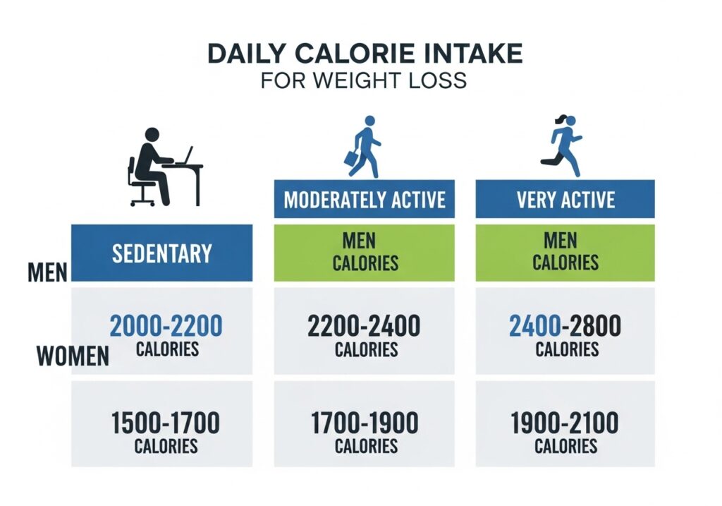 daily calorie intake chart for weight loss men and women sedentary vs active levels