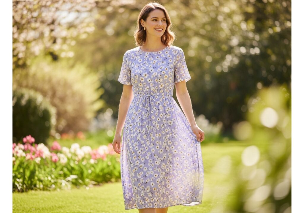 Casual Easter outfit for women featuring a lavender floral midi dress with a soft spring aesthetic