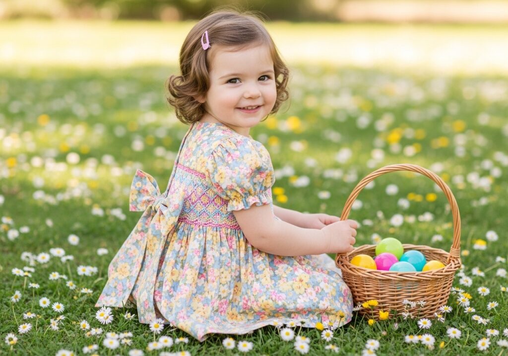 Toddler girl Easter outfit featuring a floral smocked dress with a cute bow, perfect for spring celebrations